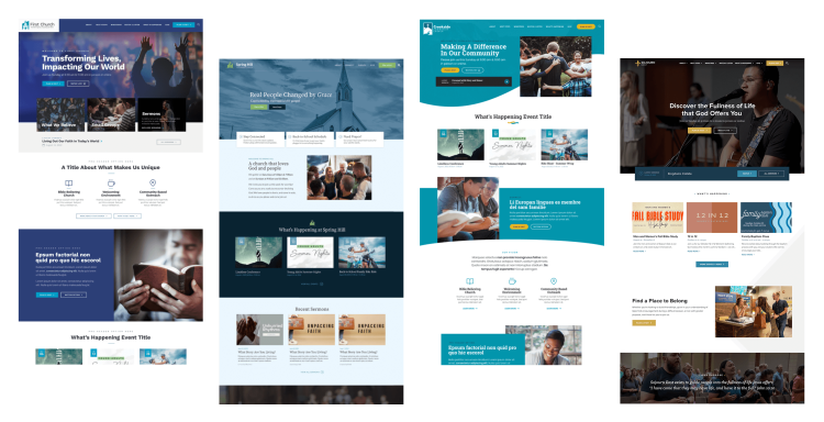 a group of church website mockups